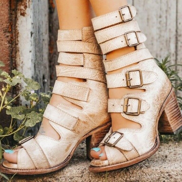 Freebird by Steven Shoes - Freebird Bond Distressed Leather Taupe Turquoise Open Toe Heeled Sandals Size 9